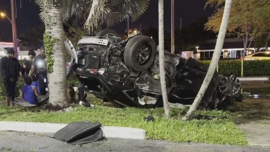 Apparent police chase ends in violent rollover crash at Miami Gardens Tesla dealership — CBS Miami, Pembroke Pines Community news